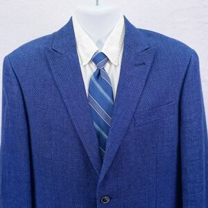 Joseph Abboud Comero Linen Wool Black‎ Blue Star Check Sport Coat 42S Peak Lapel
